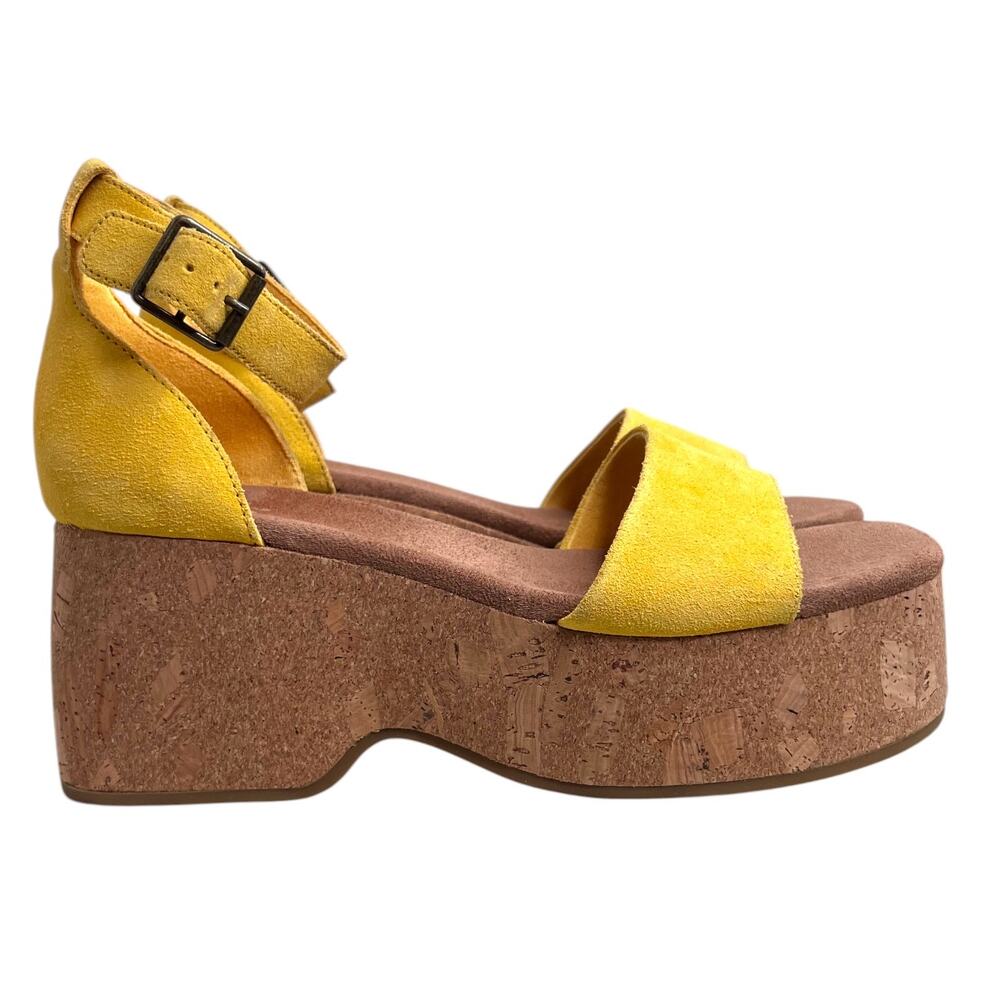 TOMS Laila Cork Platform Sandal in Yellow Suede Ankle Strap 3" Heel Womens Sz. 9 - Picture 6 of 16